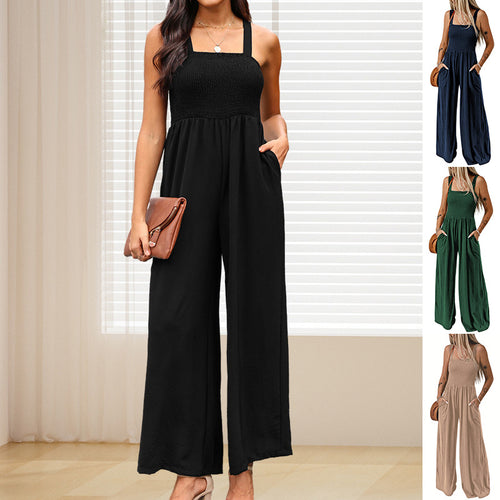 High Waist Jumpsuit Women's Backless Pleated Design Wide Leg Trousers