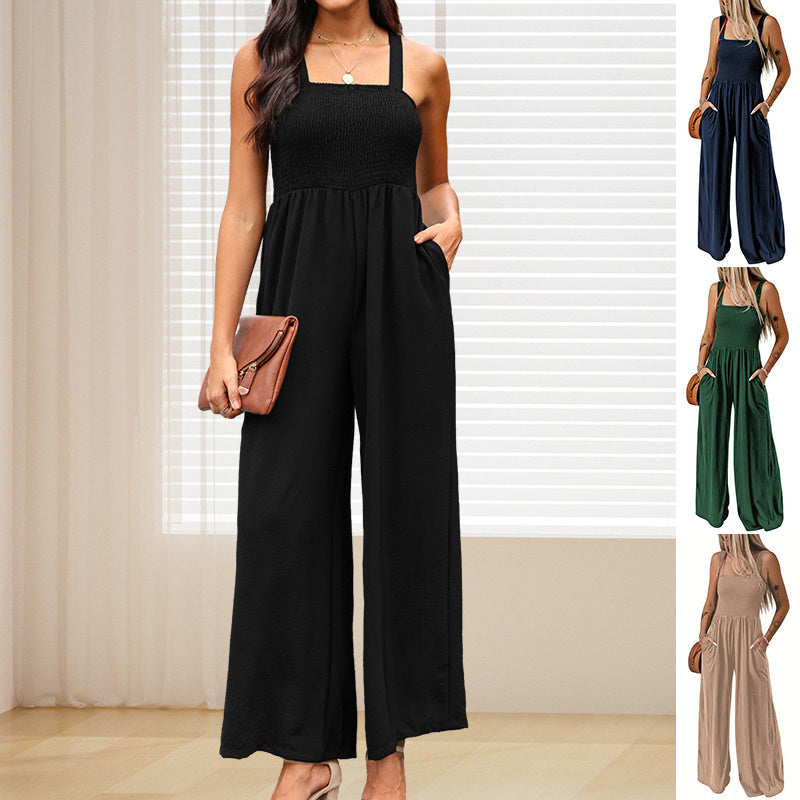 High Waist Jumpsuit Women's Backless Pleated Design Wide Leg Trousers