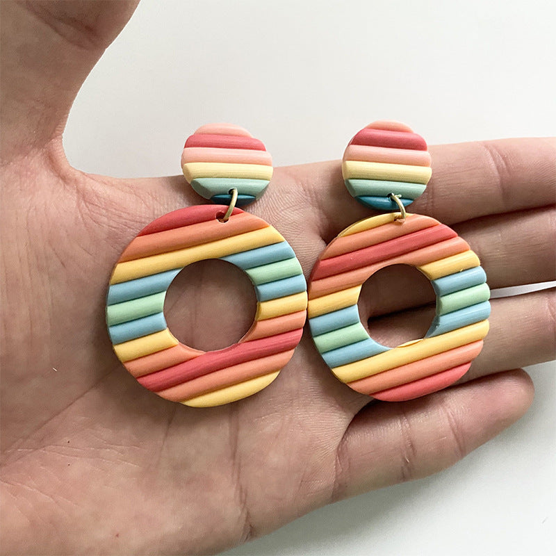 Aggregate Brickearth Polymer Clay Earrings Rainbow Bar Multicolor Art