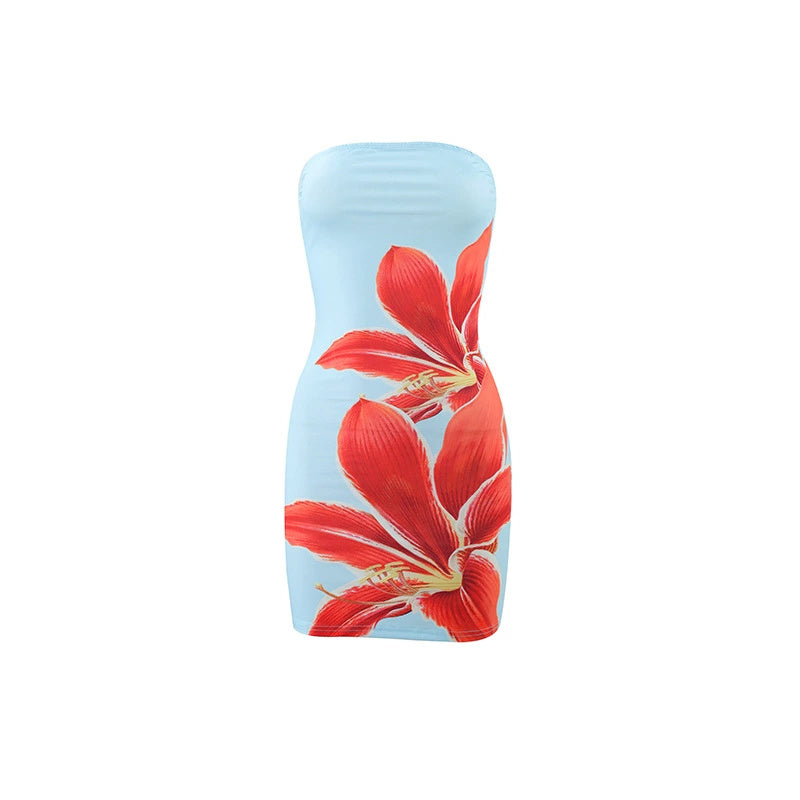 Women's Tube Top Flower Print Slim Sheath Short Dress