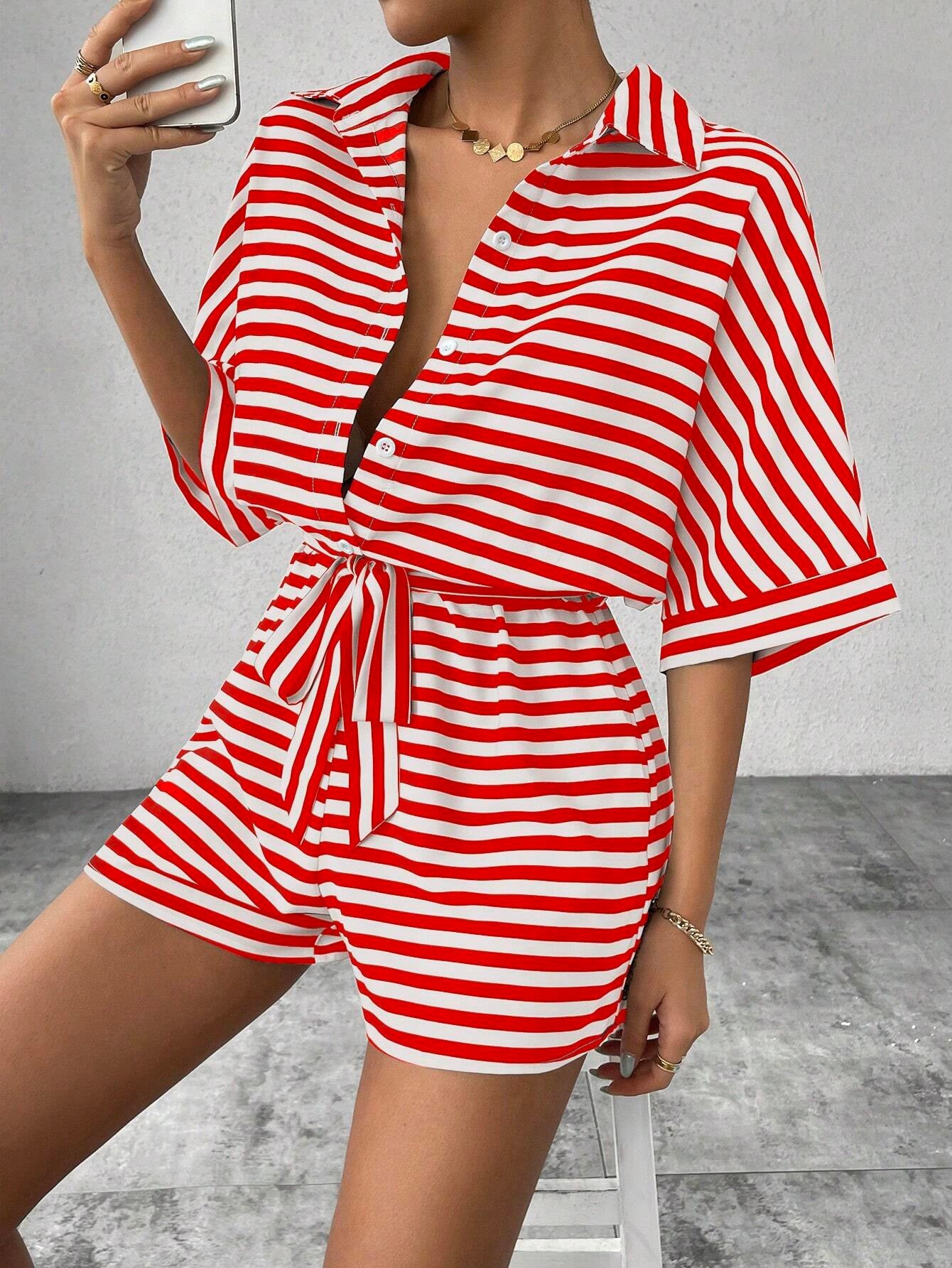 Striped Lapel Cardigan Button Half Sleeve Belt Shorts Suit Jumpsuit