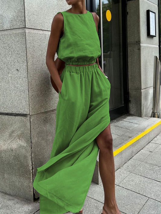 Shop Sleeveless Crop Top and Slit Pants Set - Women's Fashion | Akatonbo