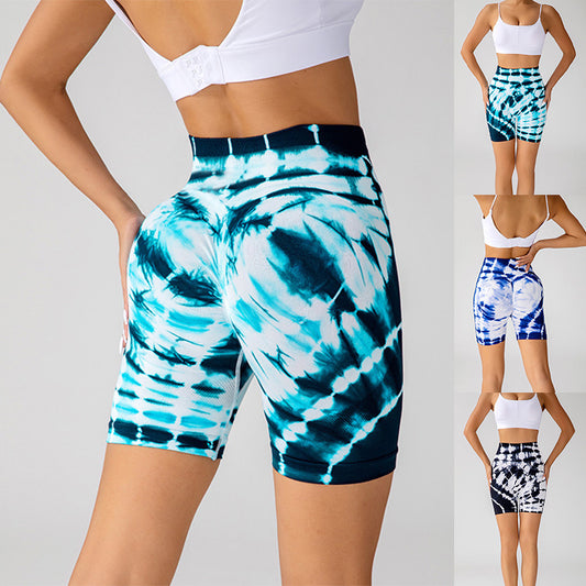 Akatonbo Tie-Dye Printed Yoga Shorts Fashion Seamless High-Waisted Hip-Lifting Pant Sports Running Fitness Pants For Womens Clothing