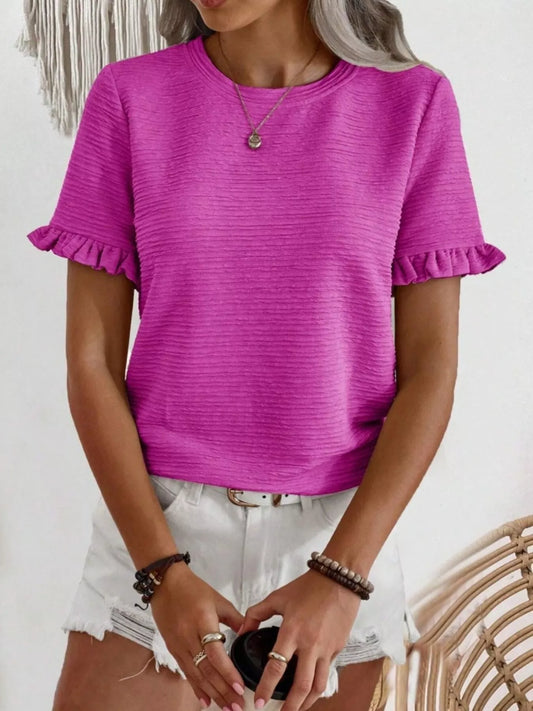 Shop Textured Ruffle Sleeve Round Neck T-Shirt - Women's Fashion | Akatonbo
