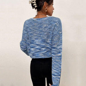New Autumn And Winter European And American Fashion Short Blue Long Sleeved V-neck Sweater