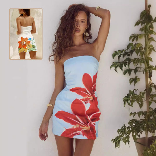 Akatonbo Women'S Tube Top Flower Print Slim Sheath Short Dress