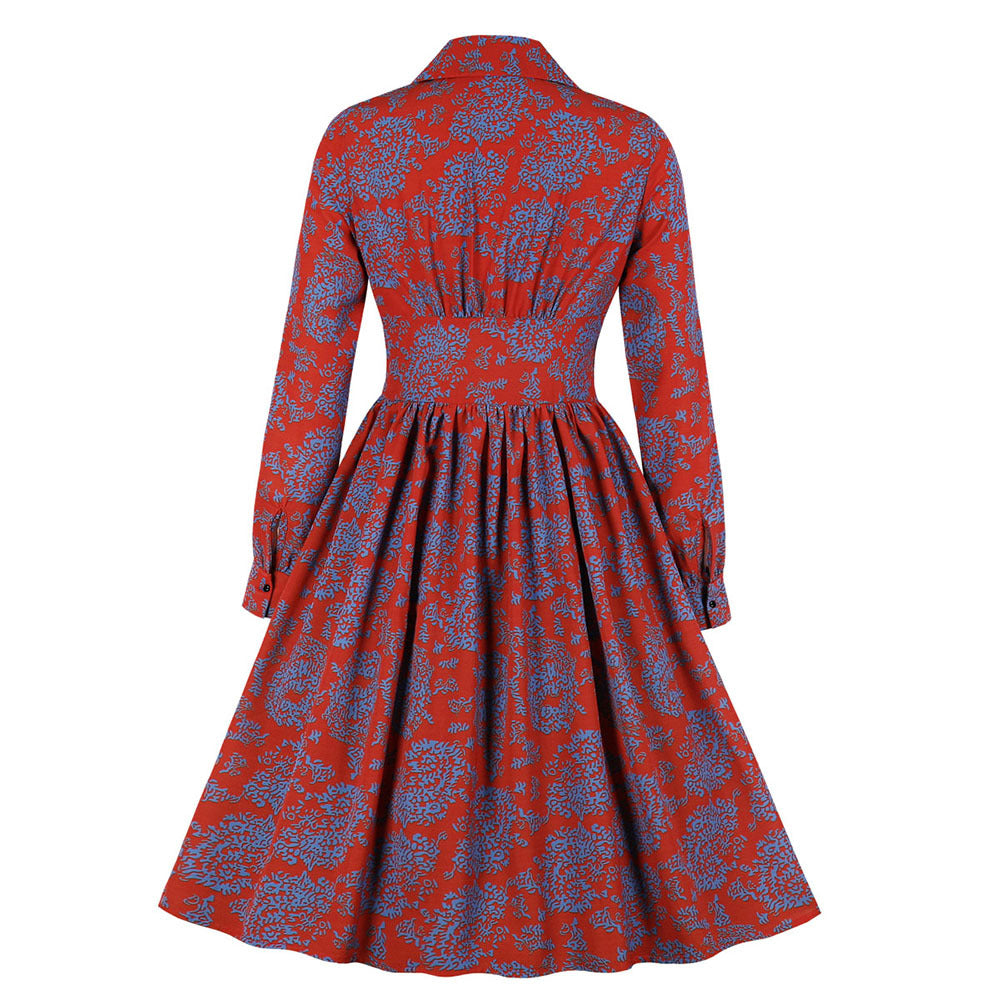 Elegant Floral A-Line Dress Office Ladies Lapel High Waist