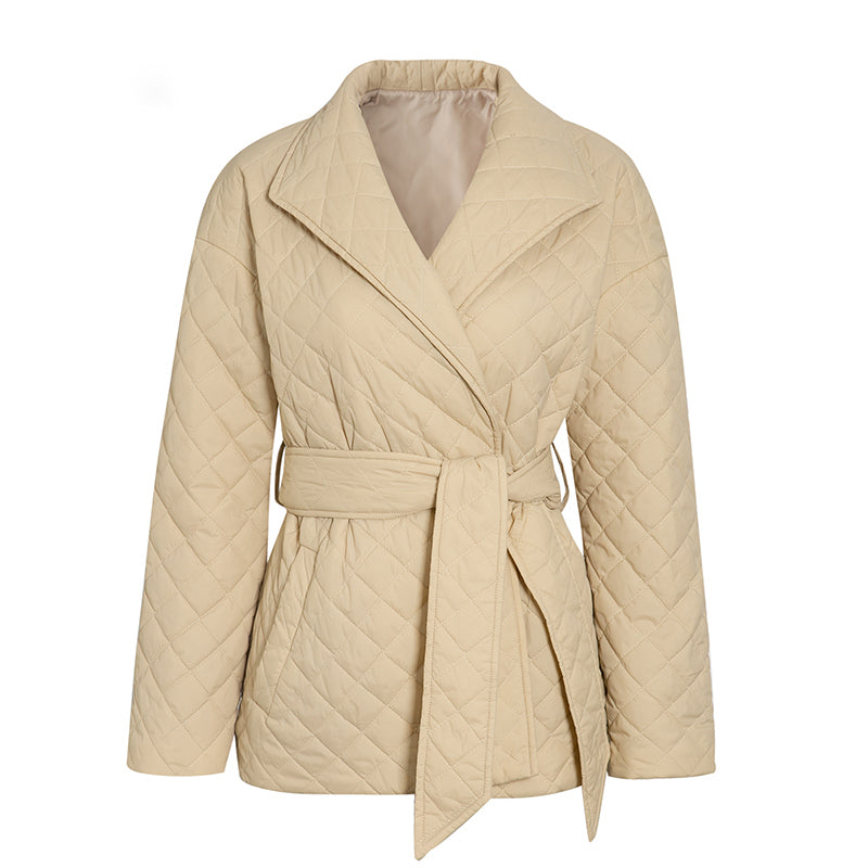 Nouveaux parkas courts chauds en coton rembourrés avec ceinture et revers pour femme