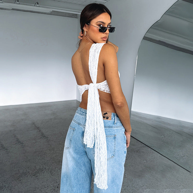 Ins Lace Backless Top Summer Solid Color Waistless Top