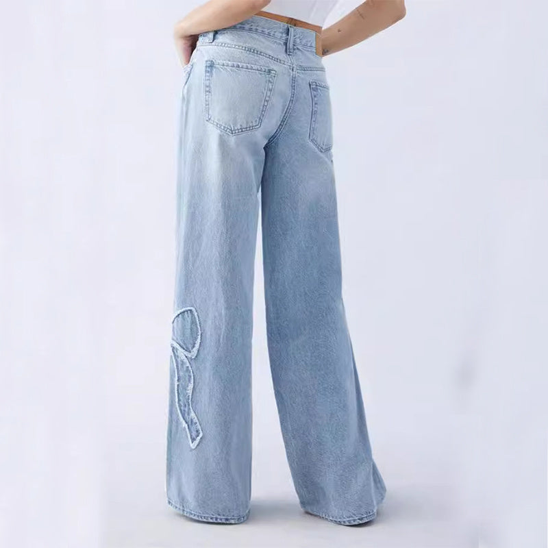 Women's Straight Trousers Embroidered Side Frayed Butterfly Jeans