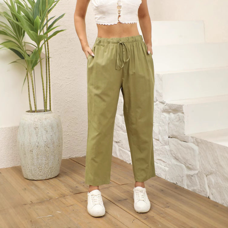 Women's Drawstring Elastic Cotton And Linen Casual Cropped Pants