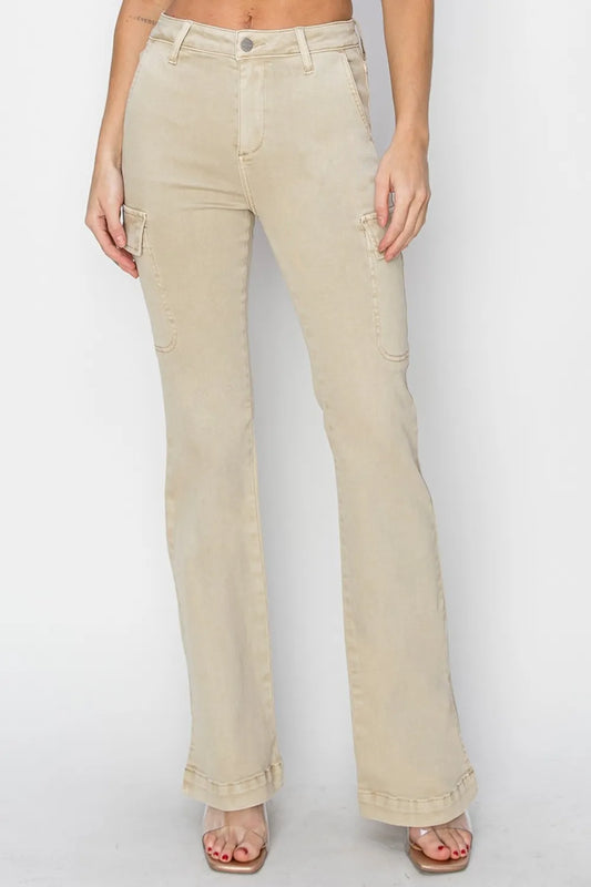 Shop RISEN Full Size High Rise Side Slit Cargo Bootcut Jeans - Women's Fashion | Akatonbo