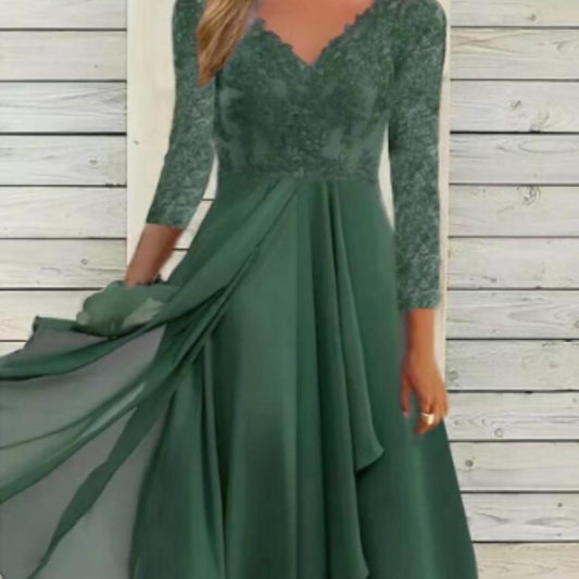 Akatonbo Long Sleeve Chiffon Dress V-Neck Patchwork Women