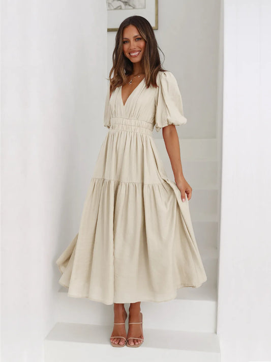 Shop Tiered Surplice Half Sleeve Midi Dress - Women's Fashion | Akatonbo