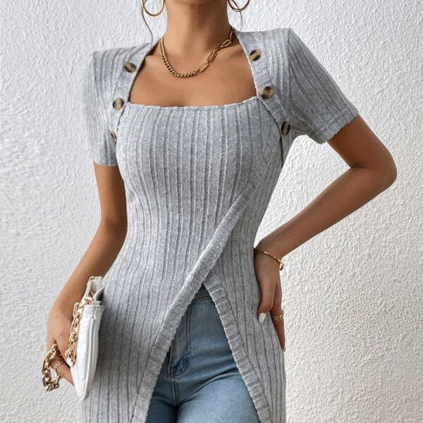 Ladies' Versatile Solid Color Elegant Style Square Neck Button Detail Wrapped Edge Slit Long T-shirt Top