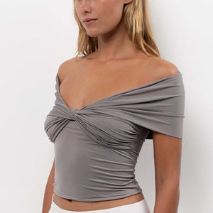 Off-shoulder Pleated Fitted Cropped Top