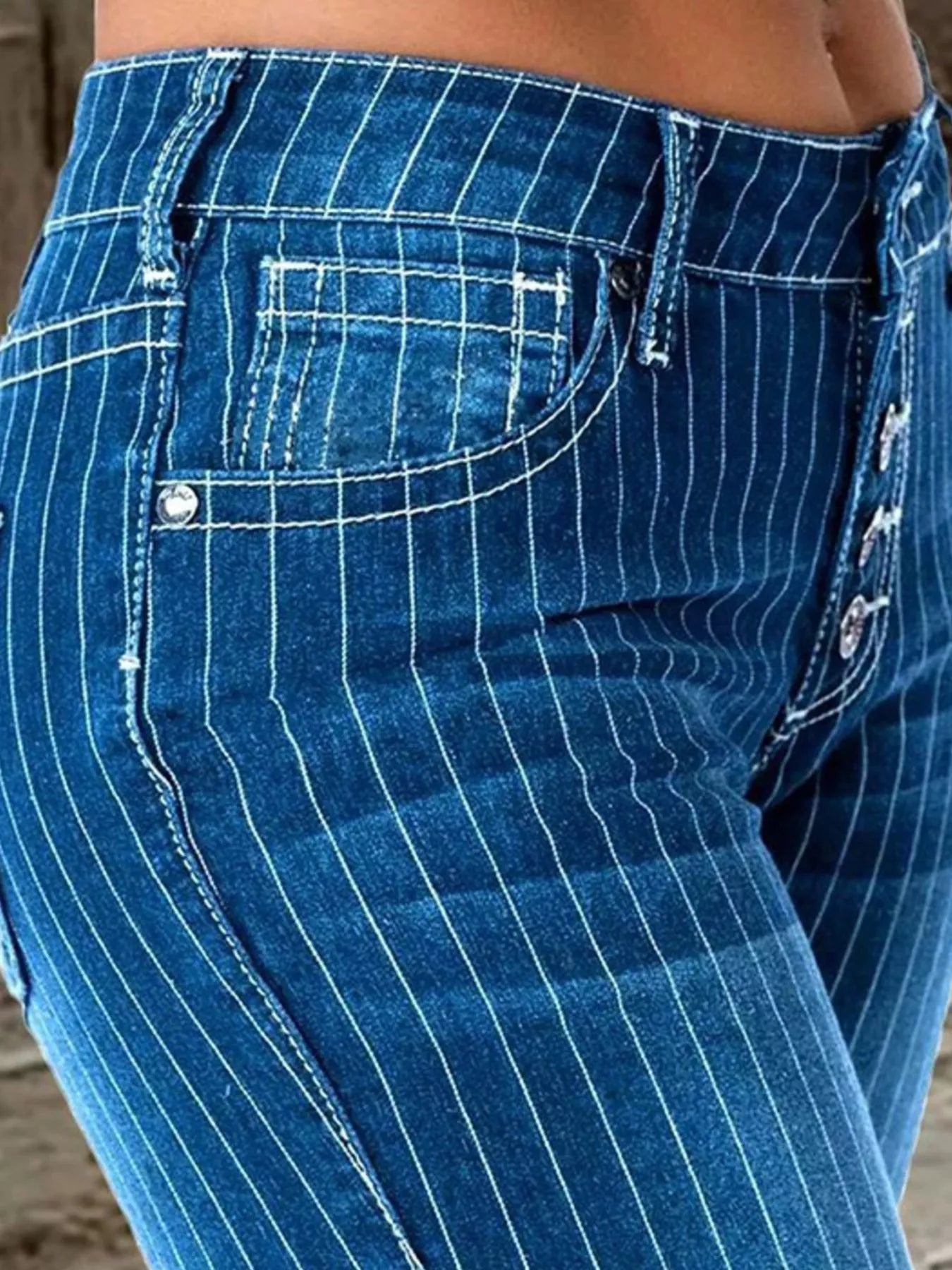 Shop Striped Button Fly Flare Jeans - Women's Fashion | Akatonbo