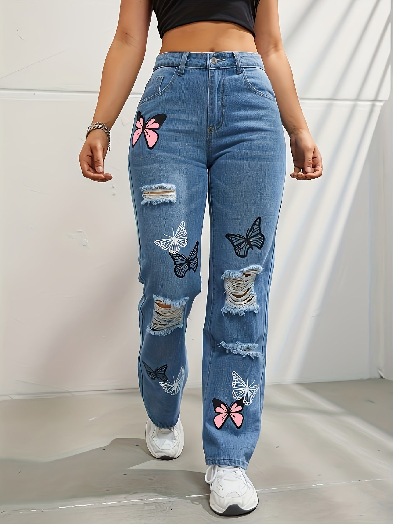 Pantalones vaqueros de pierna recta de talle alto para mujer, modernos, con estampado de mariposa, rotos y desgastados