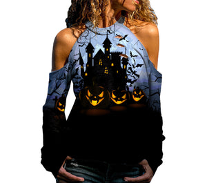 Snoopy Halloween Off Shoulder Printed Top Womens Casual Loose Stitching Long Sleeved T Shirt