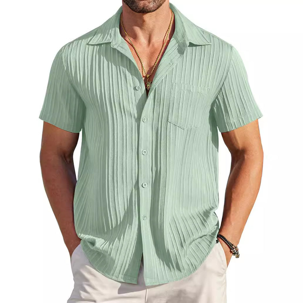 Polo Collar Solid Color Short Sleeve Button Shirt Men's Shirt