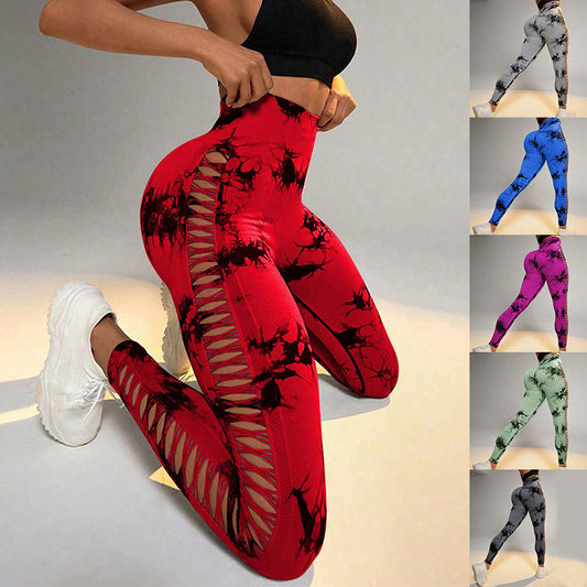 Akatonbo Hollow Tie Dye Printed Yoga Pants High Waist Butt Lift Seamless Sports Gym Fitness Leggings Slim Pants For Women Tight Trousers
