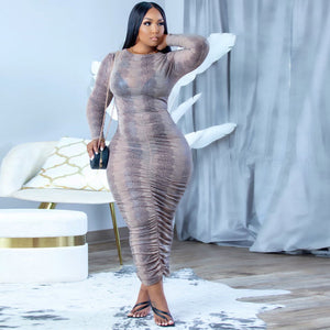New Skinny Women's Long Sleeve Pleated High Stretch Print Dress