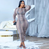 New Skinny Women's Long Sleeve Pleated High Stretch Print Dress