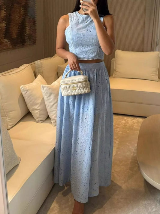 Shop Eyelet Crop Top and Maxi Skirt Set - Women's Fashion | Akatonbo