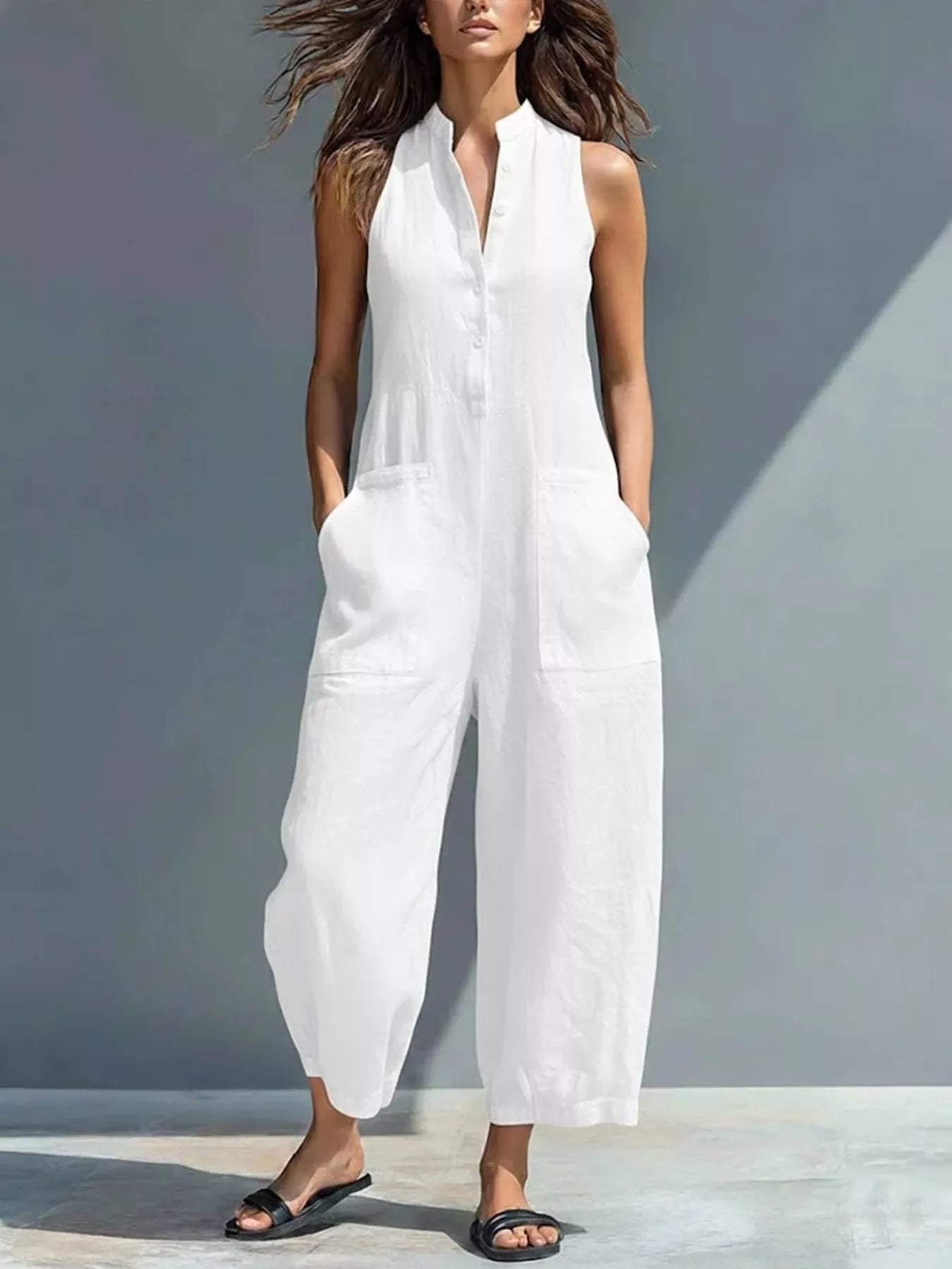 Shop Full Size Button Front Sleeveless Jumpsuit Plus Size - Women's Fashion | Akatonbo