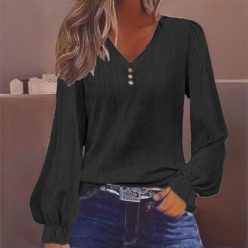 Plus Size Women's V-Neck Lantern Sleeve Lace Blouse