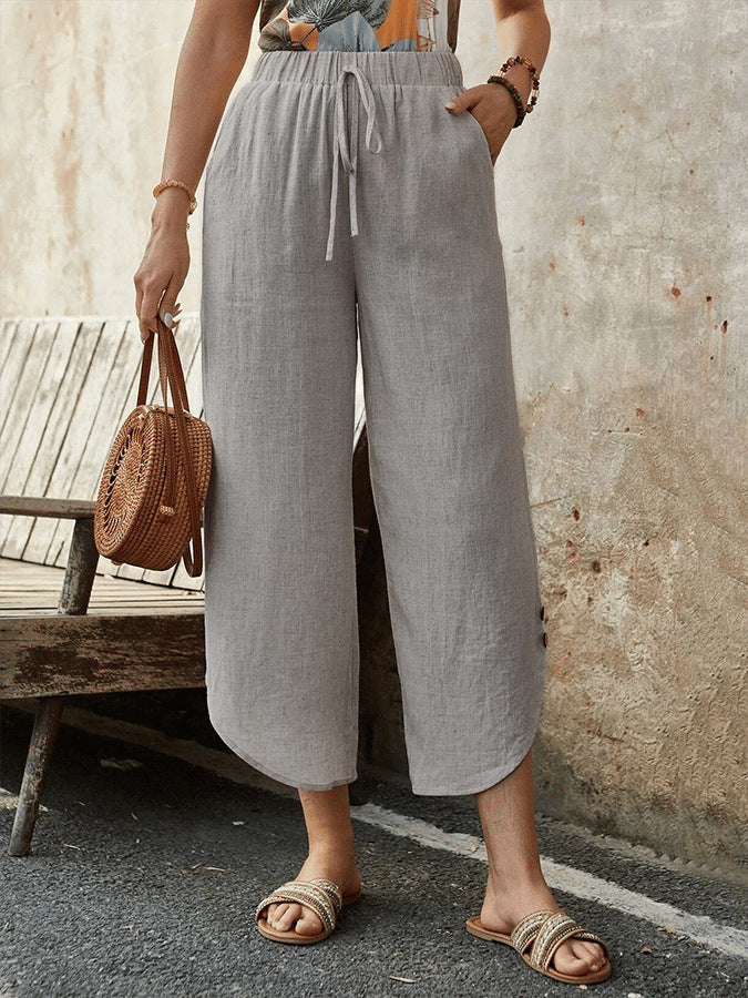 Cotton And Linen Drawstring Cropped Loose Pockets Casual Pants