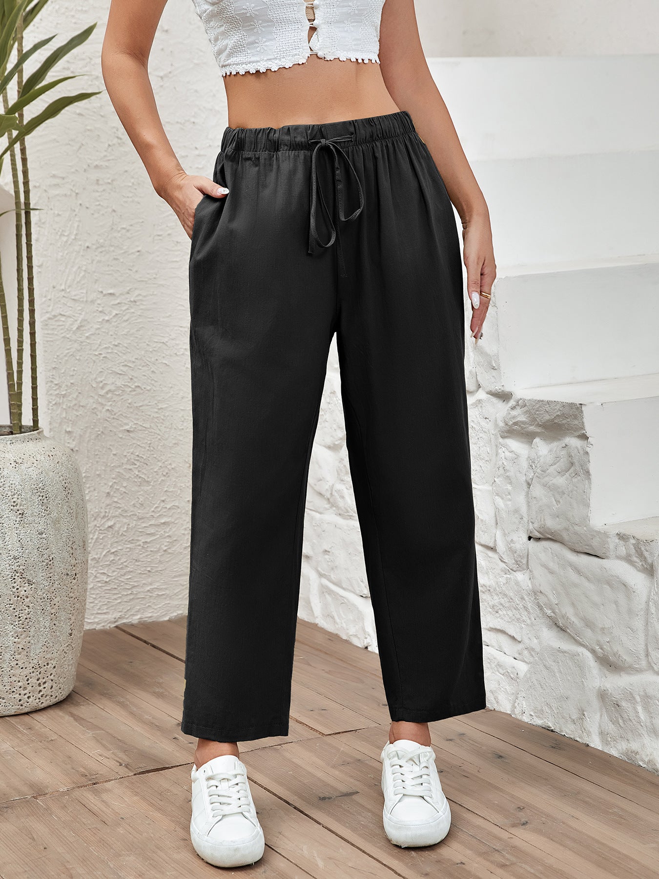 Women's Drawstring Elastic Cotton And Linen Casual Cropped Pants