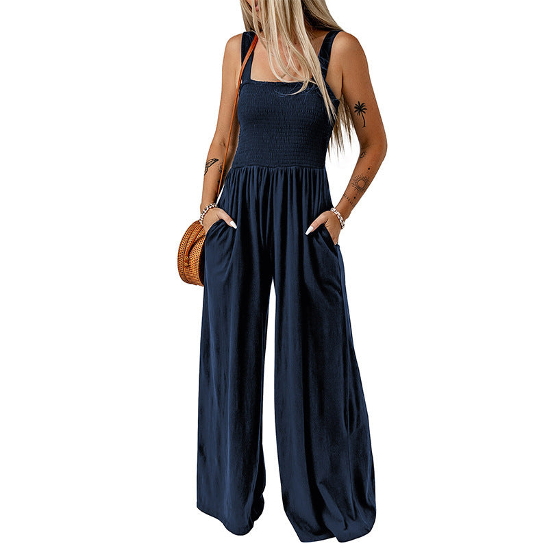 High Waist Jumpsuit Women's Backless Pleated Design Wide Leg Trousers