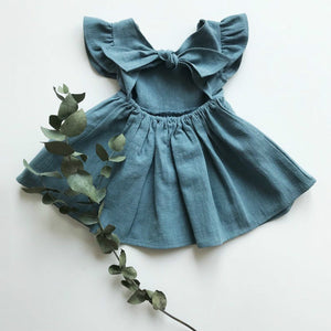 New Girls' Dress Baby Cotton And Linen Solid Color Children Shirt Bow Princess Dress