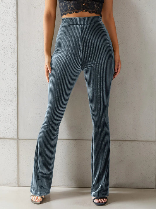 Shop High-Waisted Ribbed Velvet Flare Pants - Women's Fashion | Akatonbo