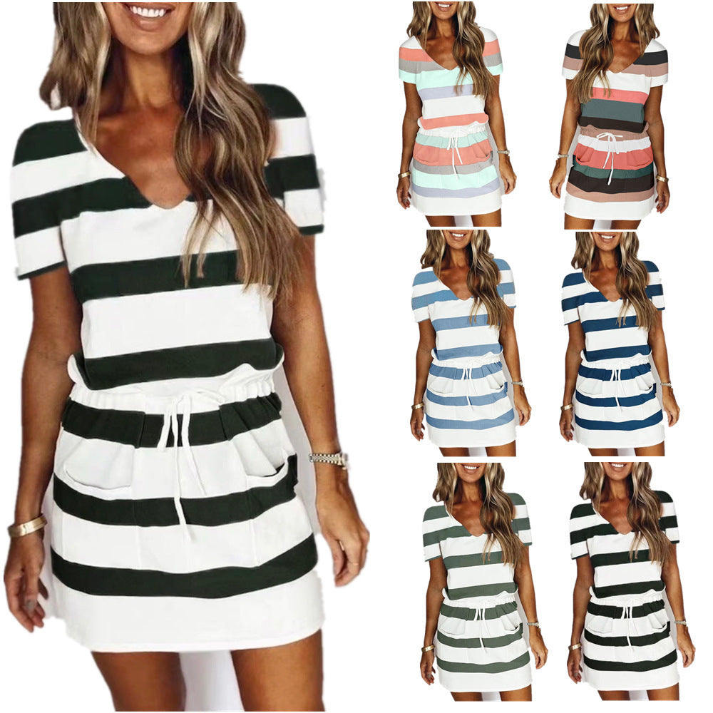 Robes courtes à imprimé rayé, mode d'été, col en V, cordon de serrage, robe courte, vêtements de plage pour femmes