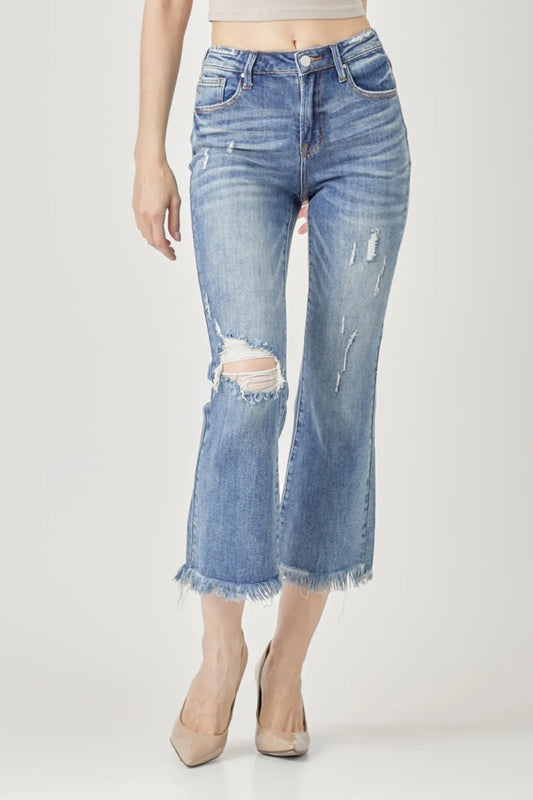 Shop RISEN High Waist Distressed Cropped Bootcut Jeans - Women's Fashion | Akatonbo