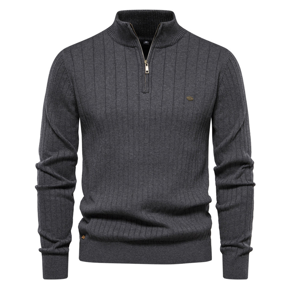 Stand Collar Men's Sweater Half Zipper Solid Color Sweater