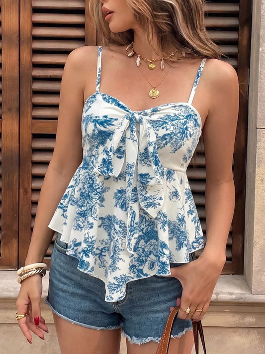 Shop Floral Print Tie Front Ruffle Hem Cami - Women's Fashion | Akatonbo