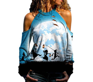 Snoopy Halloween Off Shoulder Printed Top Womens Casual Loose Stitching Long Sleeved T Shirt