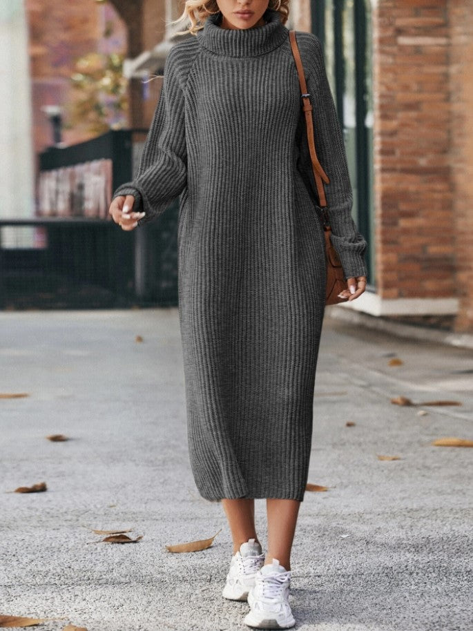 Long Below The Knee Loose High Collar Knitted Dress