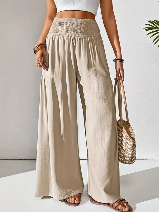 Shop Smocked Waist Wide Leg Pants - Women's Fashion | Akatonbo