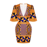 Digital Printing Women's Deep V-neck Flared Sleeve Hip Fit And Slim Skirt