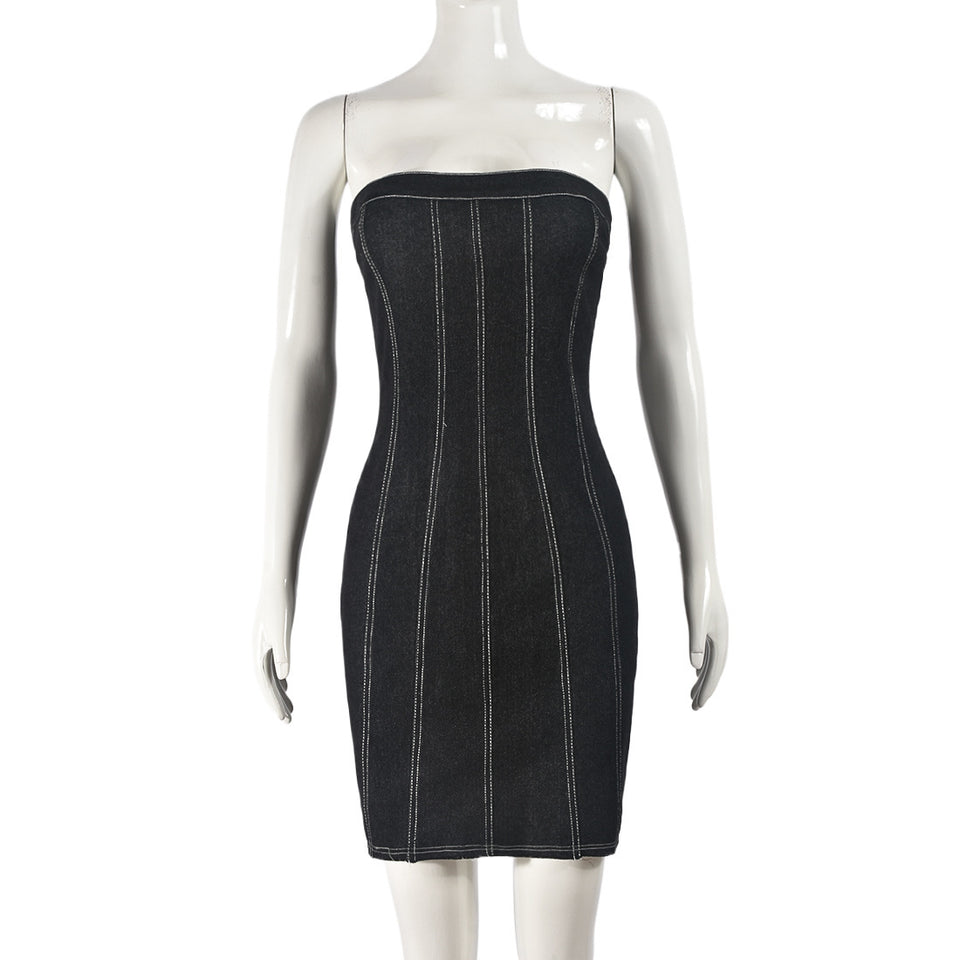Fashion Backless Tube Denim Dress Summer Sexy Slim Short Dress
