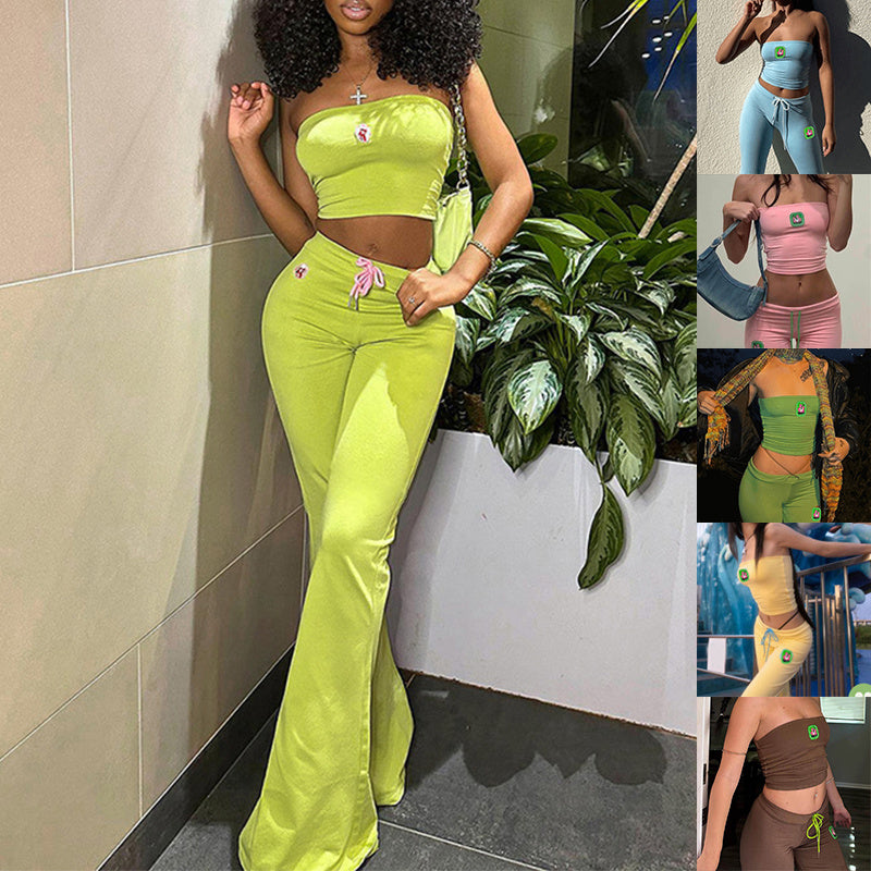 Summer Suit Embroidery Tube Top And High Waist Drawstring Bell-bottomed Pants Two-piece Set