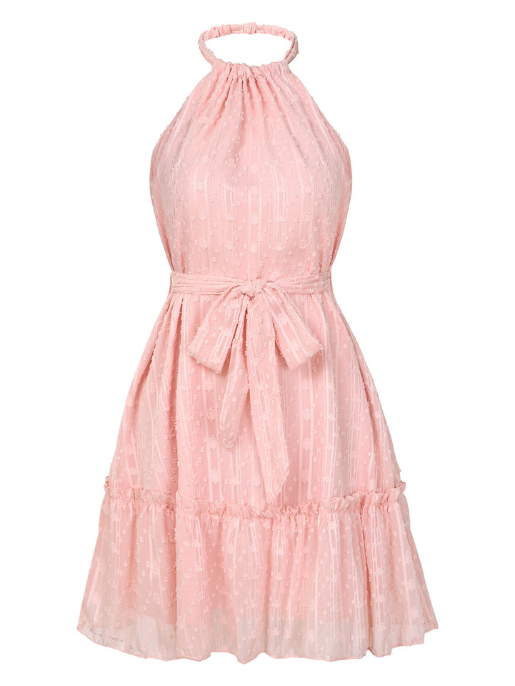 Solid Color Halter rneck Dress Summer Casual Lace Tie Waist