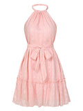 Solid Color Halter rneck Dress Summer Casual Lace Tie Waist