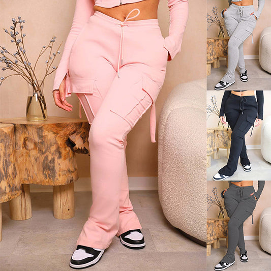 Akatonbo Cargo Pants With Pockets High Waist Drawstring Wide Leg Straight Trousers For Women Overalls