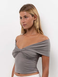 Off-shoulder Pleated Fitted Cropped Top