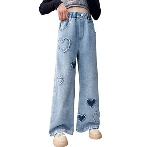 Girls' Love Raw Edge Denim Wide-leg Pants